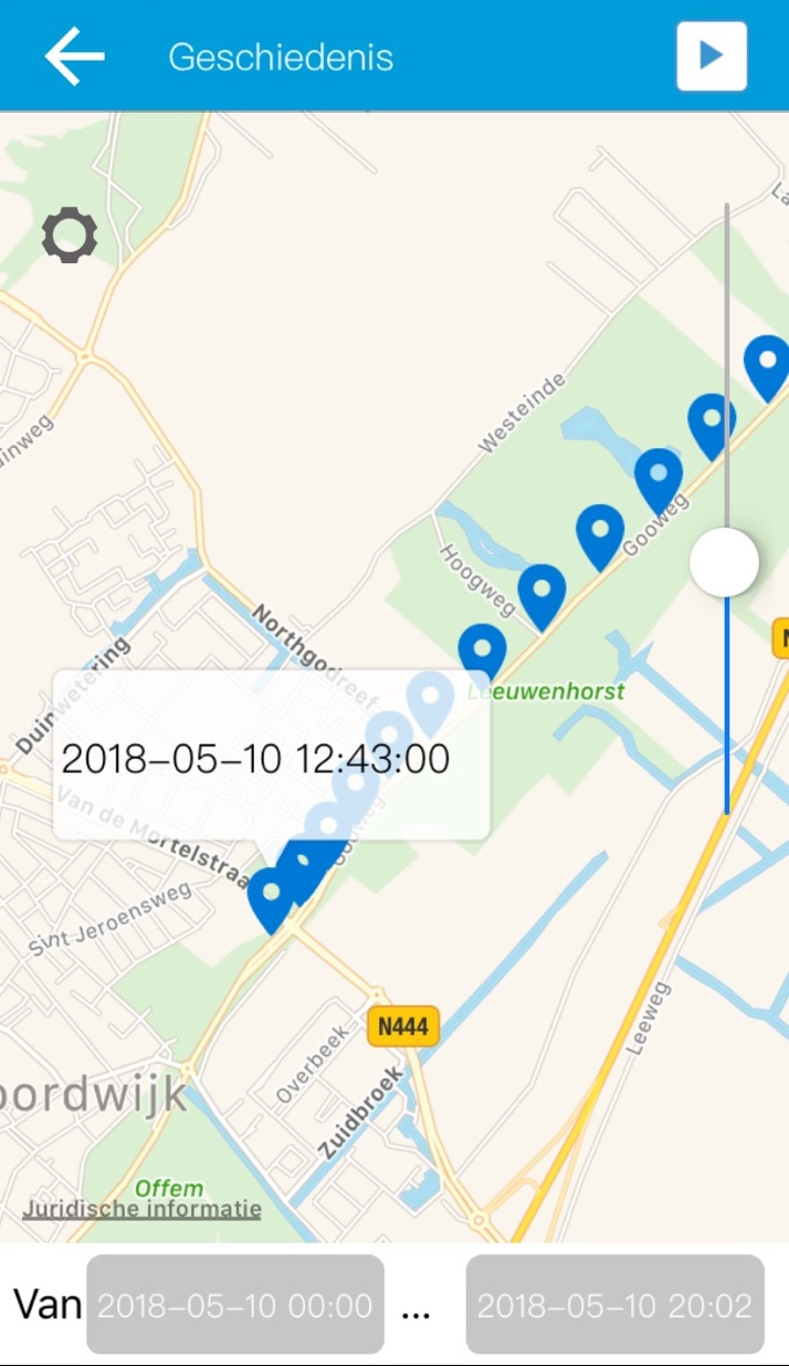 Geschiedenisfunctie V2track app Scooter GPS tracker